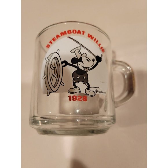 Disney: Used Mickey Mouse Steamboat Willie 1928 Clear 8 Oz  Drinking Glass Mug - Picture 1 of 4